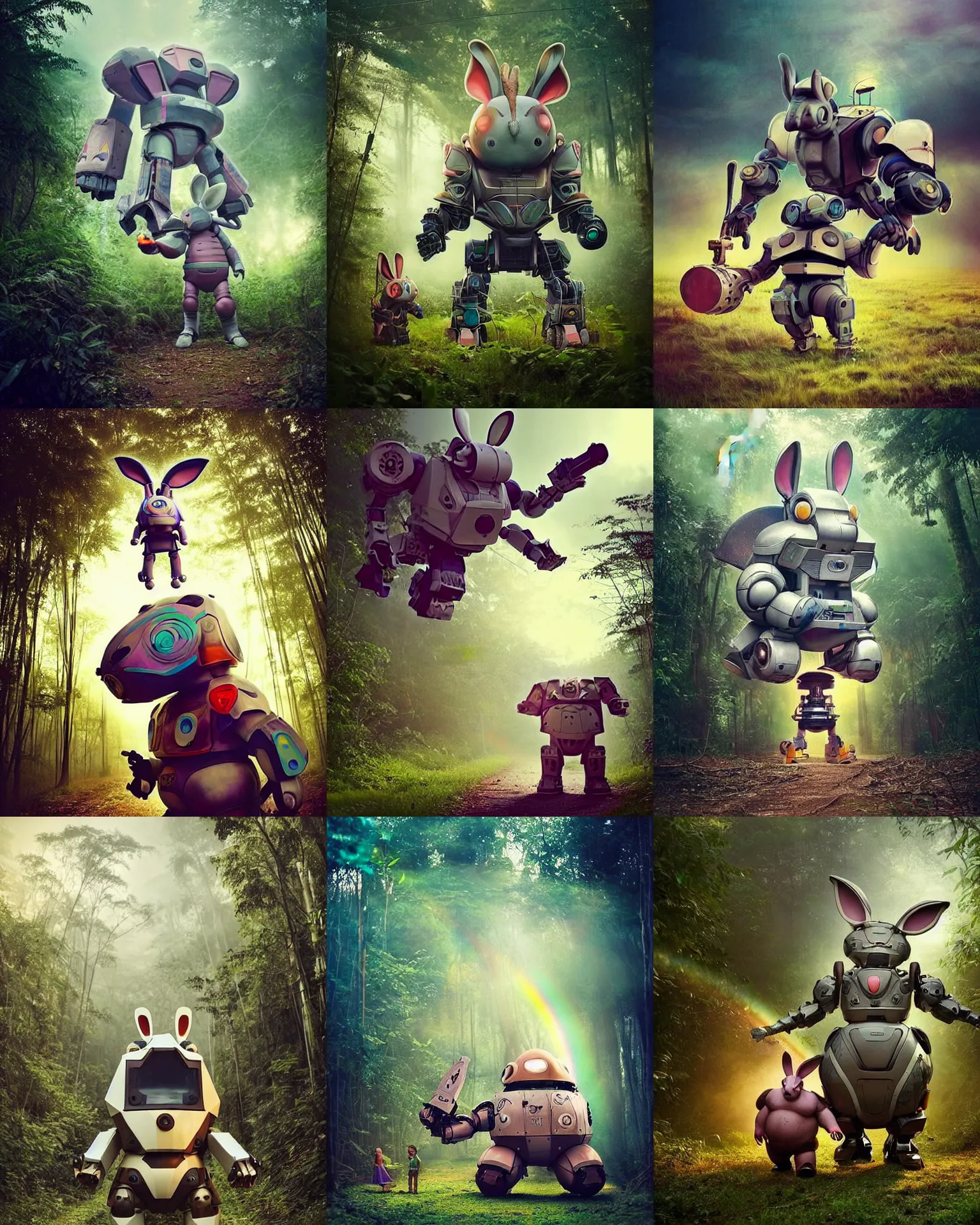 Prompt: epic chase!!!giant oversized battle rabbit robot chubby fat mech with big ears as polonez fso , in jungle forest !!! , full body , sunset , rainbow, Cinematic focus, Polaroid photo, vintage , neutral dull colors, foggy ,by oleg oprisco , by victor enrich , by gregory crewdson , by discovery channel