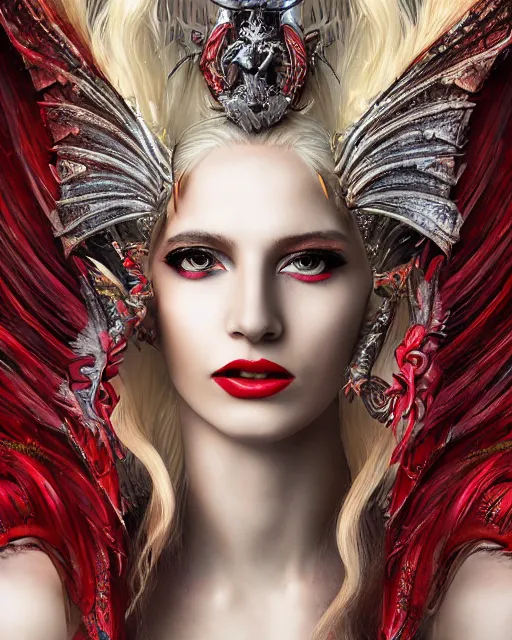 Prompt: very complex hyper-maximalist overdetailed cinematic tribal fantasy closeup macro portrait of a heavenly beautiful young royal dragon queen with long platinum blonde windblown hair and dragon scale wings, Magic the gathering, pale wet skin and dark eyes and red lipstick ,flirting smiling passion seductive, vibrant high contrast, by andrei riabovitchev, tomasz alen kopera,moleksandra shchaslyva, peter mohrbacher, Omnious intricate, octane, moebius, arney freytag, Fashion photo shoot, glamorous pose, trending on ArtStation, dramatic lighting, ice, fire and smoke, orthodox symbolism Diesel punk, mist, ambient occlusion, volumetric lighting, Lord of the rings, BioShock, glamorous, emotional, tattoos,shot in the photo studio, professional studio lighting, backlit, rim lighting, Deviant-art, hyper detailed illustration, 8k