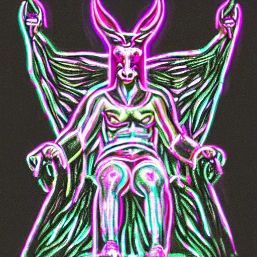 Image similar to neon baphomet on a throne with its disciples bowing down