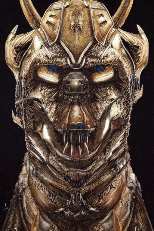 Image similar to sideview waist up portrait of bear wear baphomet armor made with porcelain by jeff easley and peter elson, beautiful eyes and face, symmetry face, galaxy, gothic, surreal, dread, highly detailed, intricate complexity, epic composition, magical atmosphere, masterpiece, award winning, trending on artstation