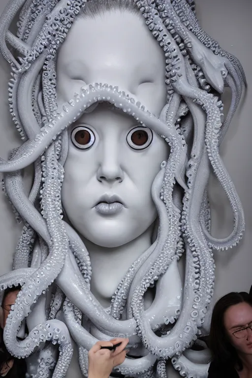 Image similar to full head and shoulders, beautiful porcelain female person, with lots and lots of black, realistic eyeballs, smooth, delicate facial features, white lashes, 3 d white shiny thick, large octopus tentacles in hair, standing in an art gallery by daniel arsham and james jean