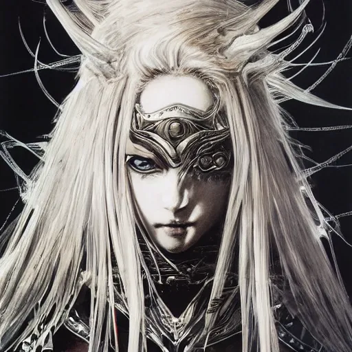 Image similar to Yoshitaka Amano realistic illustration of an anime girl with wavy white hair and cracks on her face wearing Elden ring armour with the cape fluttering in the wind, abstract black and white patterns on the background, noisy film grain effect, highly detailed, Renaissance oil painting, weird portrait angle