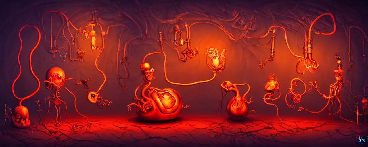 Prompt: whimsical weird chthonic alchemist creatures inside a visceral arterial alchemical lab within the left ventricle of a human heart, dramatic lighting fiery red lighting, surreal fleischer cartoon characters, surreal painting by ronny khalil