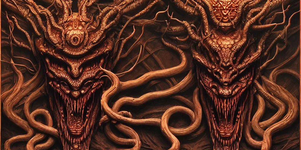 Image similar to nine chthonic spirit of dragon heads as hydra art by Daniel Dos Santos, Beksinski, Giger, intricate colourfully painted carved wood paneling, dark souls, ivory and copper , artstation