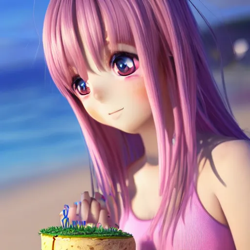 Image similar to Render of a beautiful 3d anime woman holding a birthday cake to show the camera, long light pink hair, full bangs, hazel eyes, cute freckles, full round face, smug smile, Chinese heritage, cute checkerboard sundress, golden hour, serene beach setting, medium shot, mid-shot, hyperdetailed, trending on Artstation, Unreal Engine 4k