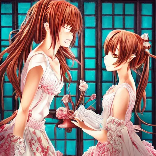 Prompt: an angry stare down between two beautiful maids standing face to face, detailed anime art