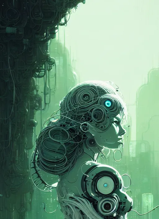 Prompt: highly detailed portrait of a biopunk long curly white hair tribal lady, stray wiring by atey ghailan, james gilleard, by joe fenton, by greg rutkowski, by greg tocchini, by kaethe butcher, 4 k resolution, gradient green, black and white color scheme!!! ( ( irradiated robotic leafy tornado landscape background ) )