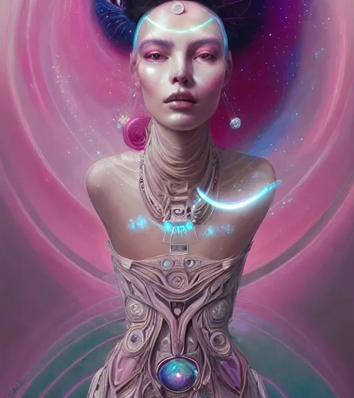 Image similar to porttait of a beautiful celestial Italian Mexican pearlescent interstellar Goddess wearing a futuristic slim dress exposed in cryo chambers by James Jean, pink and white theme, intricate, elegant, highly detailed, centered, digital painting, artstation, concept art, smooth, sharp focus, illustration, by Peter Mohrbacher, WLOP