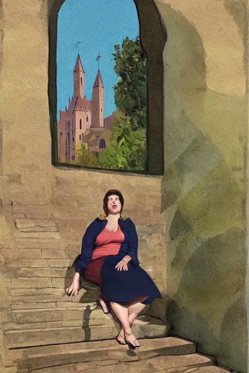 Image similar to plus - sized woman sitting on the stairs of a medieval building, summer, nature, natural light, forest setting, 1 9 6 0 s art, realistic, neo - renaissance, pop art, fantasy art, mixed media, by tom wesselman, by mel ramos, by martial raysse, by antonello de messina, by jim silke