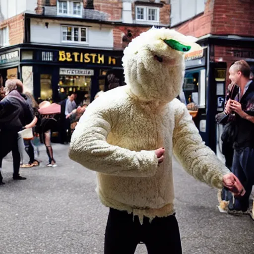 Image similar to man in sheep costume fighting outside a british pub