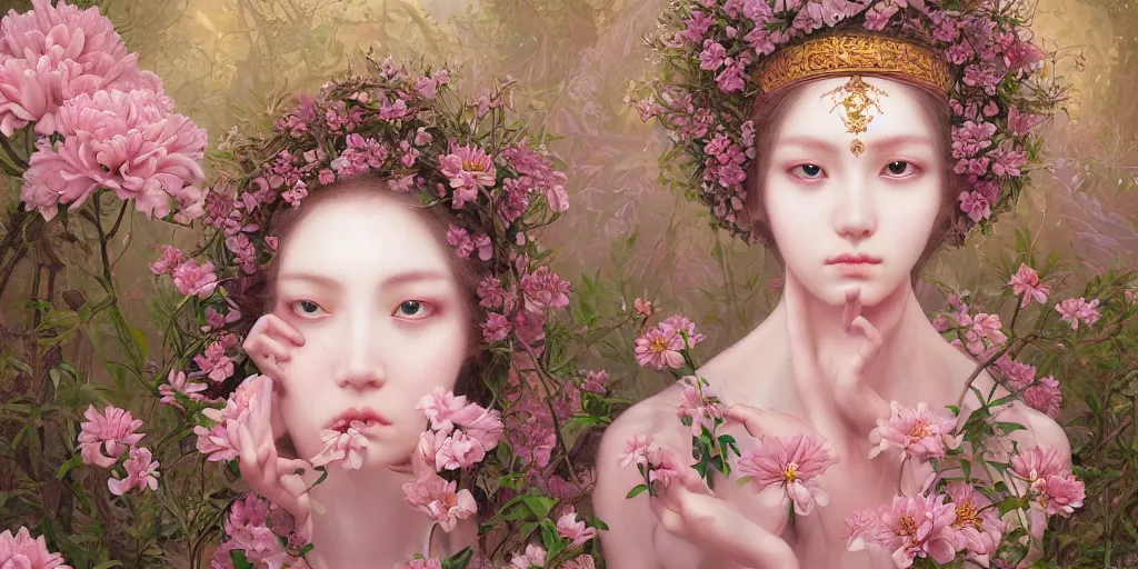 Image similar to breathtaking detailed weird concept art painting of the goddess of light pink flowers, orthodox saint, with anxious, piercing eyes, ornate background, amalgamation of leaves and flowers, by Hsiao-Ron Cheng, Miho Hirano, extremely moody lighting, 8K