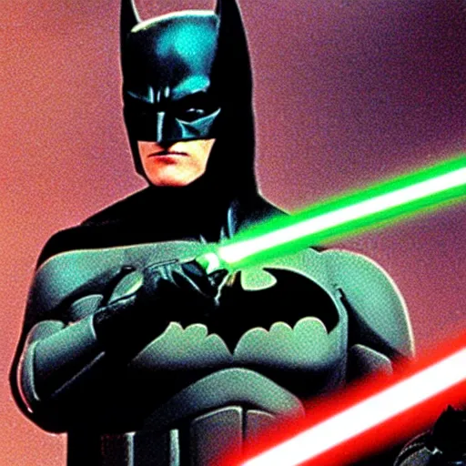 Image similar to photograph of batman engaging in a lightsaber battle in star wars 2 0 0 5