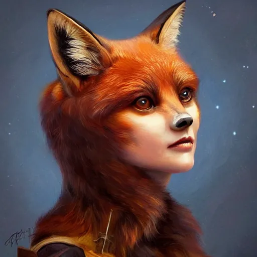 Image similar to a humanoid fox with a face inspired by jenna coleman, intricate, elegant, highly detailed, digital painting, artstation, glamor pose, concept art, smooth, sharp focus, illustration, art by artgerm and greg rutkowski, artey freytag