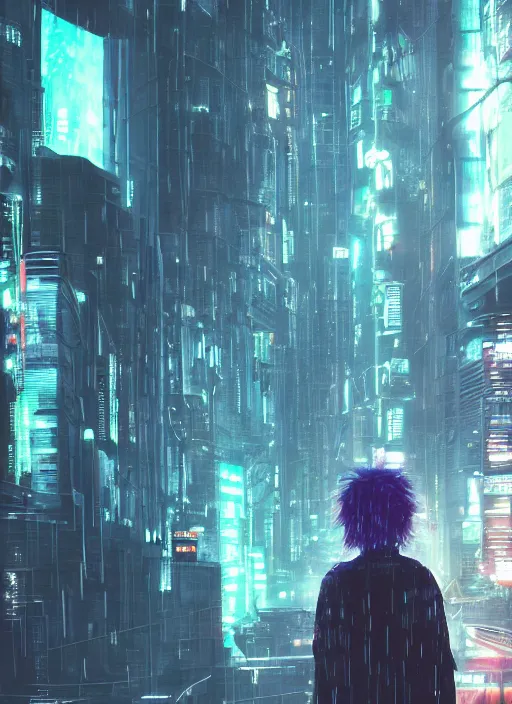 Prompt: lonely cyber person made of cosmic nebula galaxy energy watching a rainy stormy colorful complex cyberpunk futuristic city from behind at night through a window in a room full of wires and screens, 8 k, hyper photorealistic, wet, highly detailed, cinematic mood by ridley scott, ghost in the shell, rendered in octane, trending on artstation, glowing lights, gloomy, epic composition