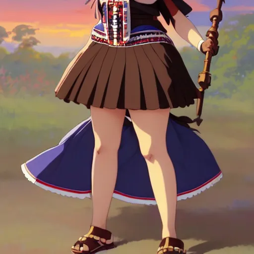 Image similar to a beautiful plus sized natalie portman model, brown skin, wearing catholic school girl outfit with mayan pattern and native style, jrpg aztec street fashion, gapmoe yandere grimdark, trending on pixiv fanbox, painted by greg rutkowski makoto shinkai takashi takeuchi studio ghibli, akihiko yoshida