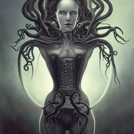 Prompt: by Tom Bagshaw, ultra realist soft painting of lovecraft and giger world of curiosities, single hybrid female monster in a corset, tentacles, partial symmetry accurate features, very intricate details, focus, curvy, award winning, ultra dense fog