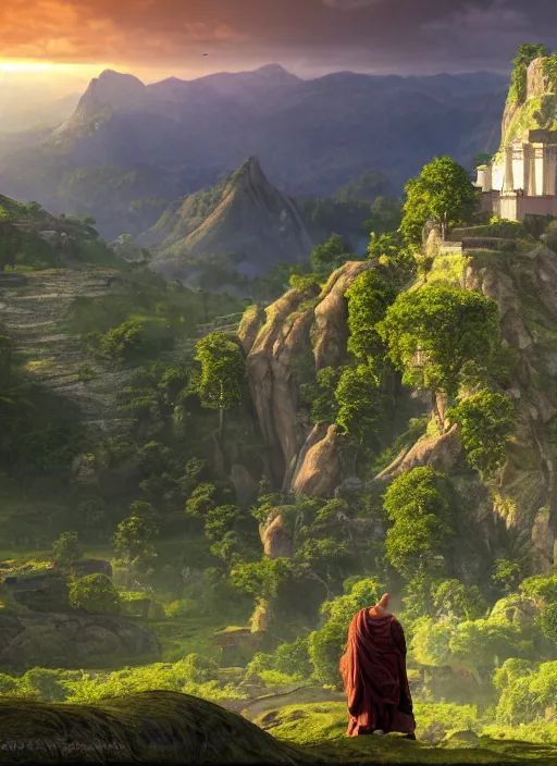 Image similar to a monk in lord of the rings scenery landscape, looking out at a vast lush valley at sunrise with a temple on a mountain in the distance, god's rays, highly detailed, vivid color, cinematic lighting, perfect composition, 8 k, gustave dore, derek zabrocki, greg rutkowski, belsinski, octane render