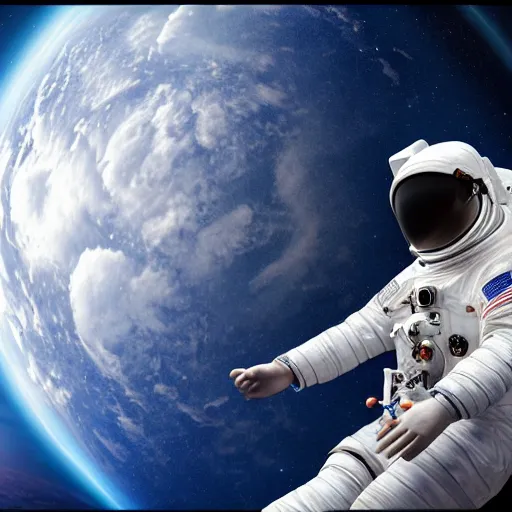 Image similar to a hyper realistic digital painting of a woman in an astronaut suit in space