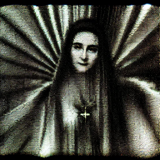 Image similar to vhs static overlay of marian apparition, vhs, 1 9 9 0, highly realistic, highly detailed, vhs noise static, black and white, vhs glitch