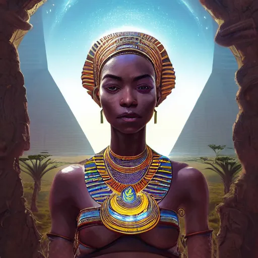 Image similar to highly detailed portrait of an african egyptian goddess, intricate alien technology, stephen bliss, unreal engine, fantasy art by greg rutkowski, loish, rhads, ferdinand knab, makoto shinkai and lois van baarle, ilya kuvshinov, rossdraws, tom bagshaw, global illumination, radiant light, detailed and intricate environment