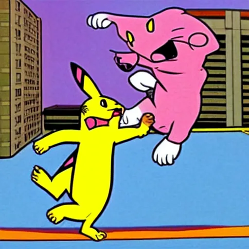 Image similar to the pink panther cartoon fighting pikachu