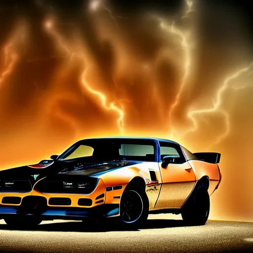 Prompt: black pontiac firebird trans - am with flames drawn on the chassis, sunrise, cinematic, motionblur, sunbeams, volumetric lighting, wide shot, low angle, lightning striking the car