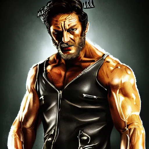 Image similar to Tom Hardy as wolverine in Black Damaged leather suit Digital art 4K quality