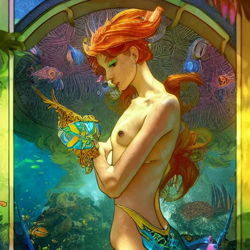 Image similar to Merfolk in the Lost City of Atlantis, very colourful, underwater, highly detailed, artstation, intricate, smooth, sharp focus, bright, happy, illustration, art by Artgerm and Greg Rutkowski and Alphonse Mucha and Yuumei, good clear quality, lighting, biology, symmetrical artwork, perfect face, 135 mm, cinematic, hyper realism, dark, moonlight, high detail, octane render, 8k, crimson highlights