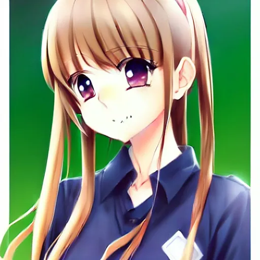 Image similar to beautiful anime high school girl, complete body view, light brown hair, ponytail, white ribbon, green eyes, full perfect face, slightly smiling, detailed school background, drawn by Artgerm, Sasoura, Satchely, no distorsion