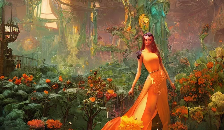 Prompt: dreamlike dieselpunk garden fantasycore, glossy painting, Art Nouveau Cosmic 4k Detailed Matte Illustration featured on Getty Images ,CGSociety, Jade and Carrot orange color scheme, Pastiche by Marc Simonetti, Pastiche by Cedric Peyravernay