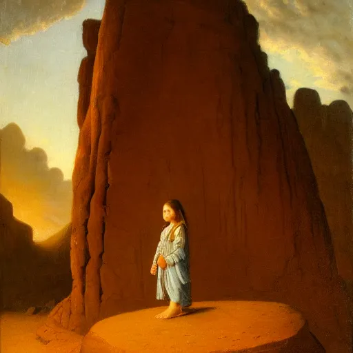 Image similar to a young girl stands next to a stone colossus, in front of a temple, in a large desert cave, dramatic lighting, hudson river school