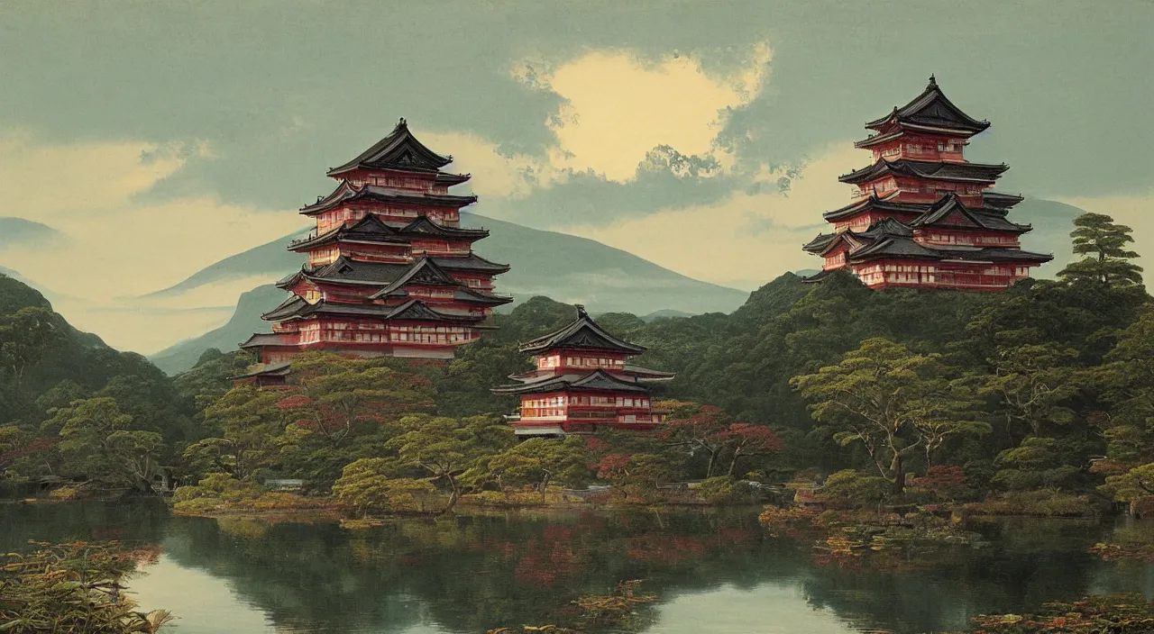 Prompt: a Japanese castle, by Thomas Cole