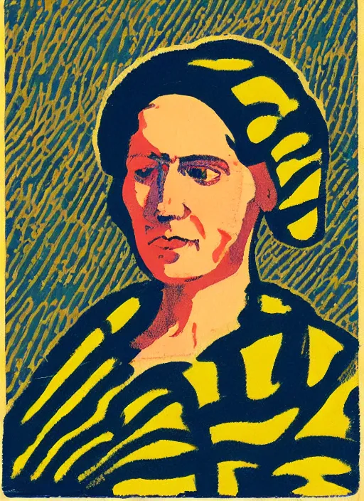 Image similar to an extreme close - up portrait of a factory woman dressed in various types of cloth patterns in a scenic representation of mother nature and the meaning of life by billy childish, thick visible brush strokes, shadowy landscape painting in the background by beal gifford, vintage postcard illustration, minimalist cover art by mitchell hooks