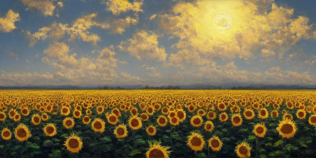 Image similar to Hyper realistic oil painting of an endless sunflower field, high contrast, deep and bright colors, blue skies, cinematic, by greg rutkowski