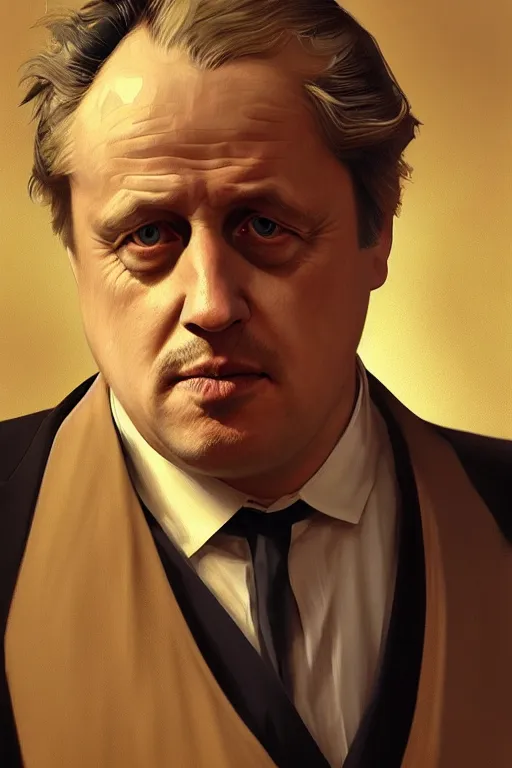 Image similar to Boris Johnson as Vito Corleone, realistic portrait, symmetrical, highly detailed, digital painting, artstation, concept art, smooth, sharp focus, illustration, cinematic lighting, art by artgerm and greg rutkowski and alphonse mucha