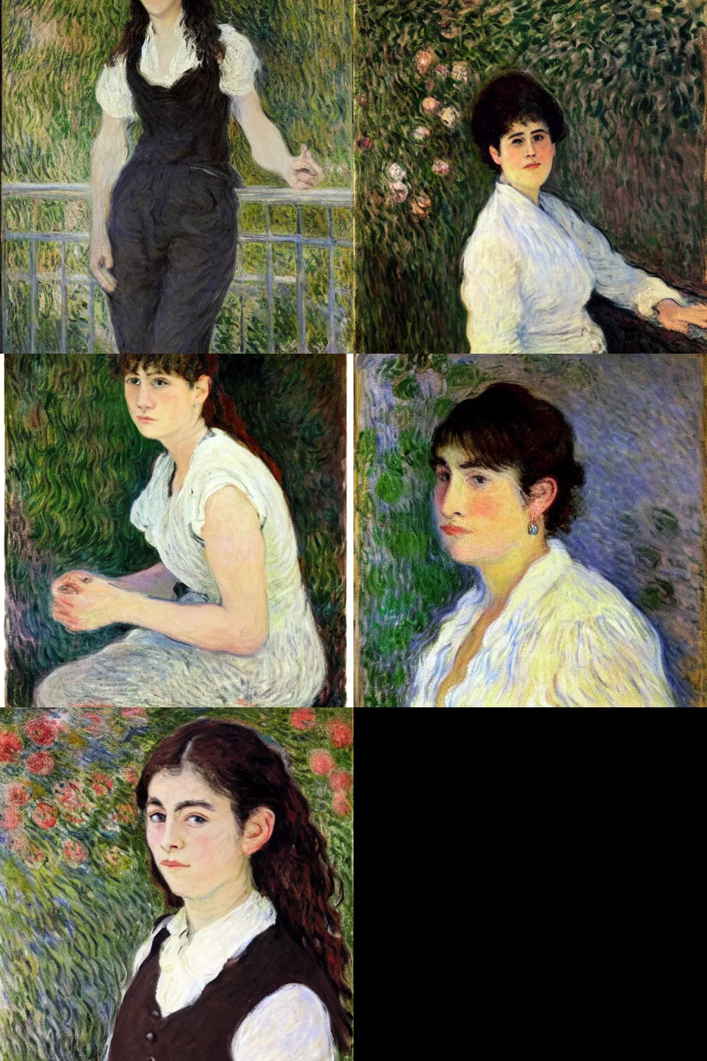 Prompt: an hd painting of a woman by claude monet. she has long straight dark brown hair, parted in the middle. she has large dark brown eyes, a small refined nose, and thin lips. she is wearing a sleeveless white blouse, a pair of dark brown capris, and black loafers.