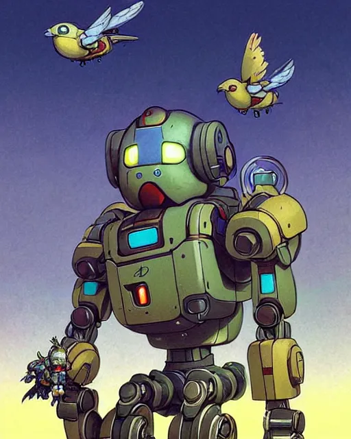 Image similar to bastion the friendly robot from overwatch, with his pet bird, character portrait, portrait, close up, concept art, intricate details, highly detailed, vintage sci - fi poster, retro future, in the style of chris foss, rodger dean, moebius, michael whelan, katsuhiro otomo, and gustave dore