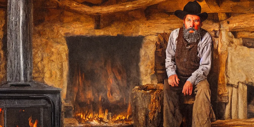 Image similar to in an old west cabin, close up shot a rugged, bearded cowboy standing at his fireplace, in the style of Fredrick Remington, oil painting