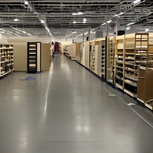 Image similar to a liminal space of a ikea store, eerie, scp 3 0 0 8, backrooms, found footage
