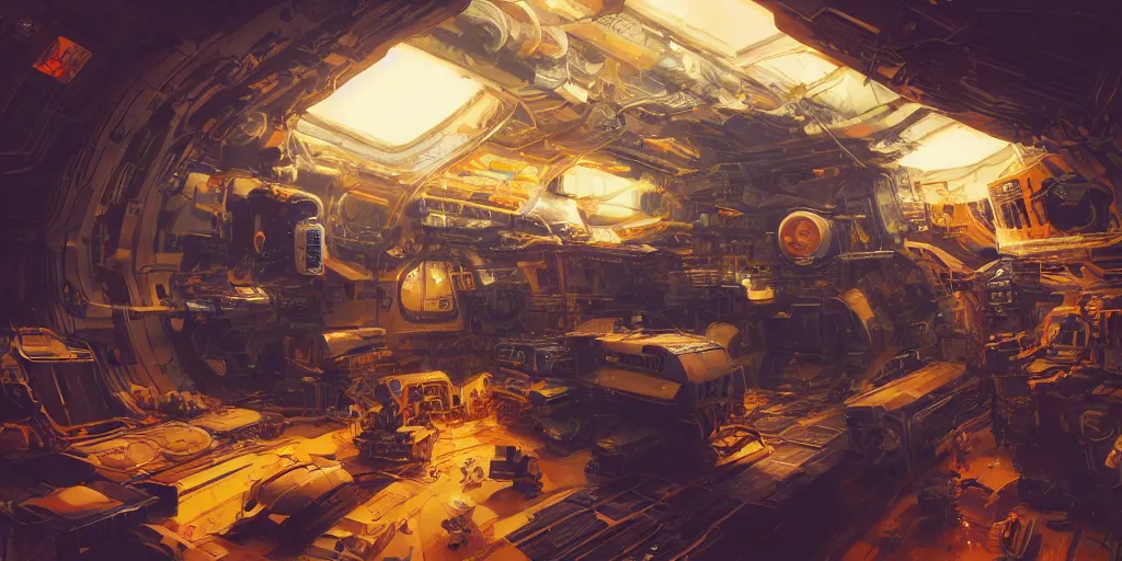 Image similar to Orange amp space station interior, kim jung gi style, Greg Rutkowski, Zabrocki, Karlkka, Jayison Devadas, trending on Artstation, 8K, ultra wide angle, zenith view, pincushion lens effect