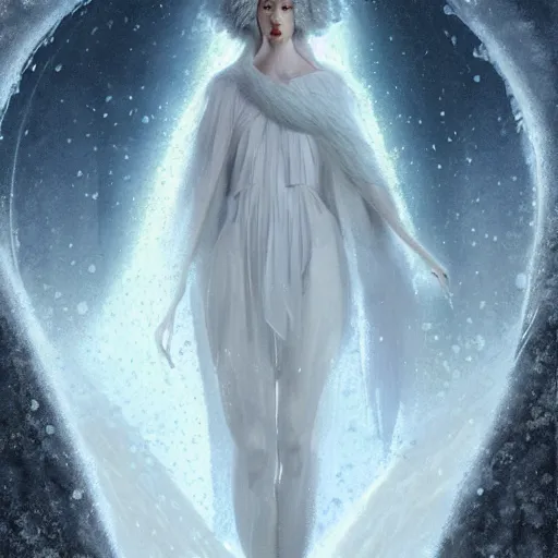 Image similar to a hyperrealistic illustration of a human in the Arctic, white long clothes, snow on the body, blue transparent ice with fractal sunlight, award-winning, masterpiece, in the style of Tom Bagshaw, Cedric Peyravernay, Peter Mohrbacher