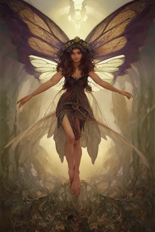 Image similar to portrait of a beautiful fairy with wings, headshot, symmetrical, elegant, regal, intricate, twilight background, highly detailed, digital painting, artstation, sharp focus, watercolor, muted color, complementary colors, art by artgerm, greg rutkowski and alphonse mucha