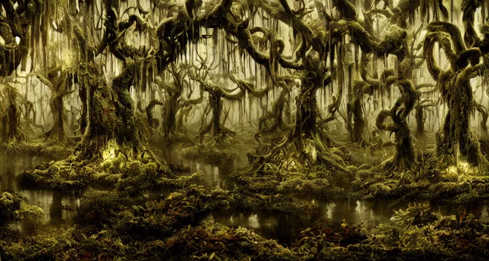 Image similar to A dense and dark enchanted forest with a swamp, by Kirsty Mitchell