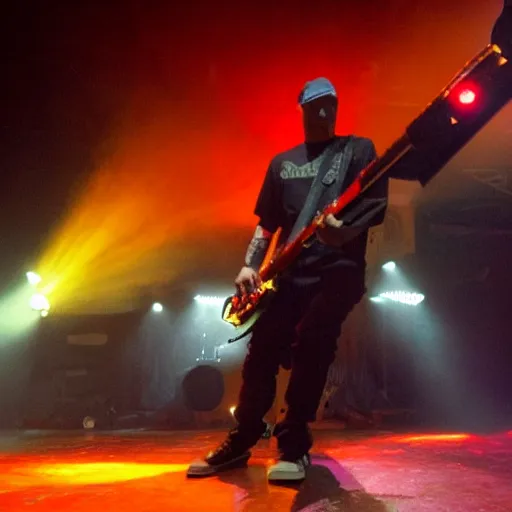 Image similar to limp bizkit plays a sold out show in an underground art deco train hall, laser lights, pyrotechnics, fog machine