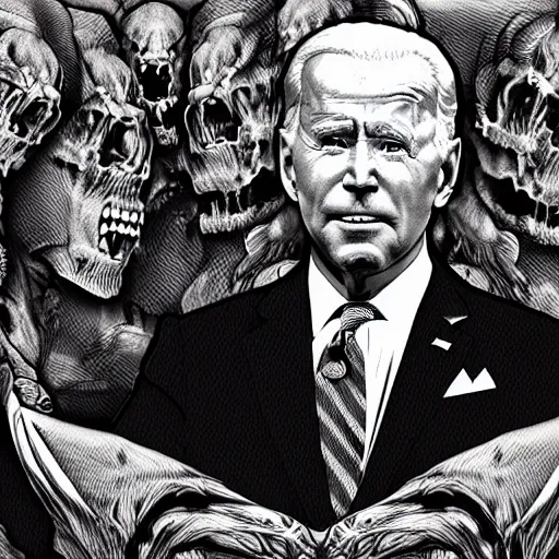 Image similar to Demon Joe Biden sitting on a throne of skulls, digital painting