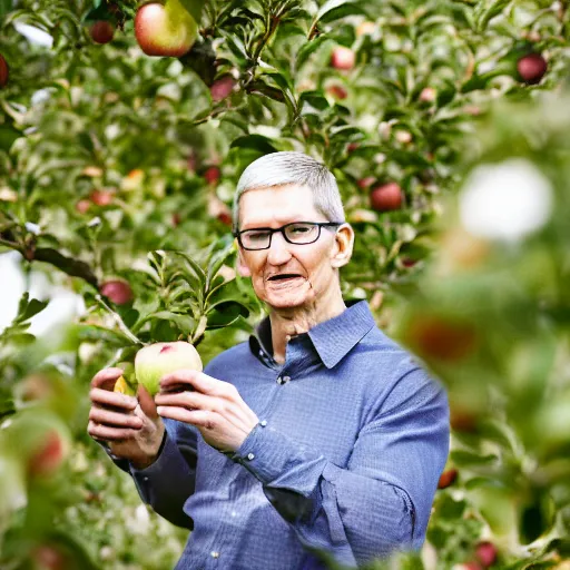 Prompt: tim cook eating apple inside the trunk of a giant apple tree, macro 25 mm photography