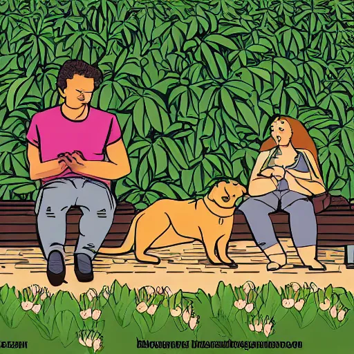 Image similar to a man and a woman sitting on a bench surrounded by plants, a dog sleeping by their feet, cartoon,