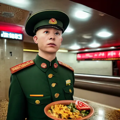 Image similar to cinematic shot of a bald young white man wearing a green chinese maoist military uniform standing in a Subway restaurant, 8k, very intricate, very detailed,