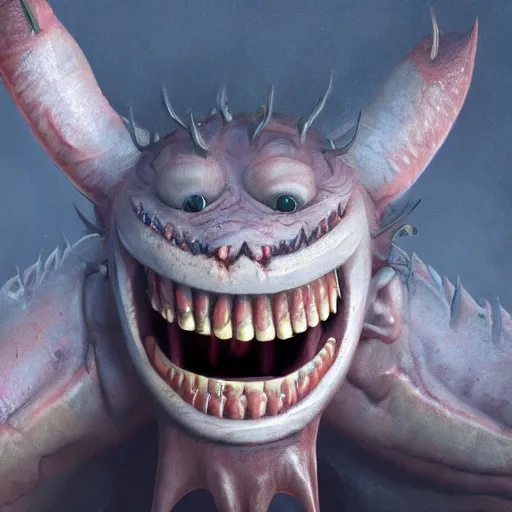 Image similar to logo of a monster with a very toothy smile, 8 k, shallow depth of field, greg rutkowski, moody lighting, ultra high detail, concept art,