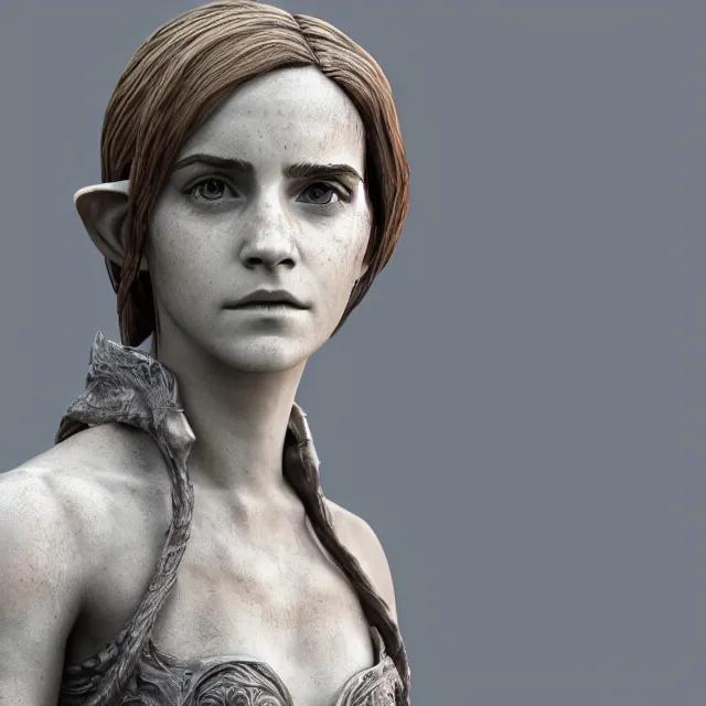 Image similar to marble sculpture of emma watson as an elf warrior, realistic, unreal engine render, octane render, hyper realistic, photo, 8 k, cinematic lighting